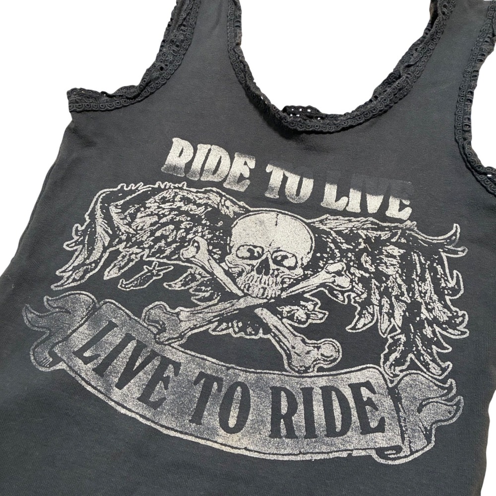 Y2K 2000s Biker Graphic Tank Top Skull Crossbones Lace Trim Charcoal grey grunge